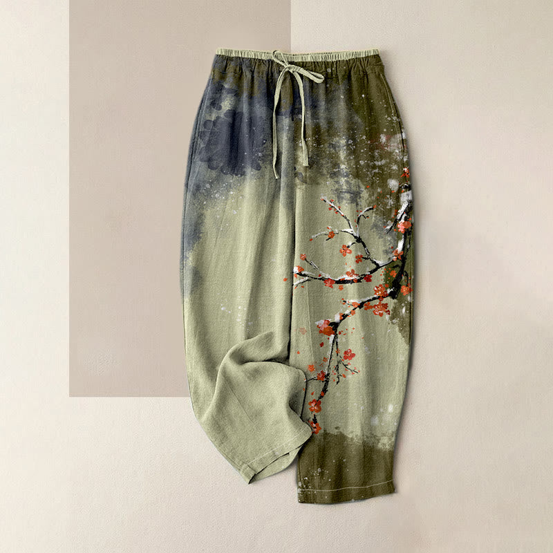 Buddha Stones Pantalones de mujer de algodón puro con estampado de flores de ciruelo y nieve, cintura elástica y bolsillos. - Verde mar oscuro - US16，UK/AU20，EU48 (3XL) - image 4