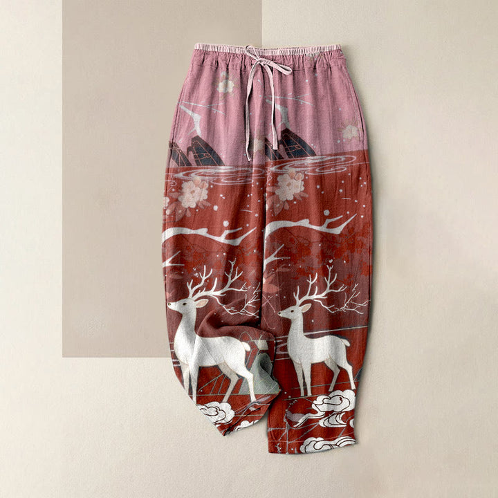 Buddha Stones Pantalones de mujer de algodón puro con estampado de flores rosas, ciervos y montaña, cintura elástica y bolsillos. - Ladrillo refractario - US16，UK/AU20，EU48 (3XL) - image 6