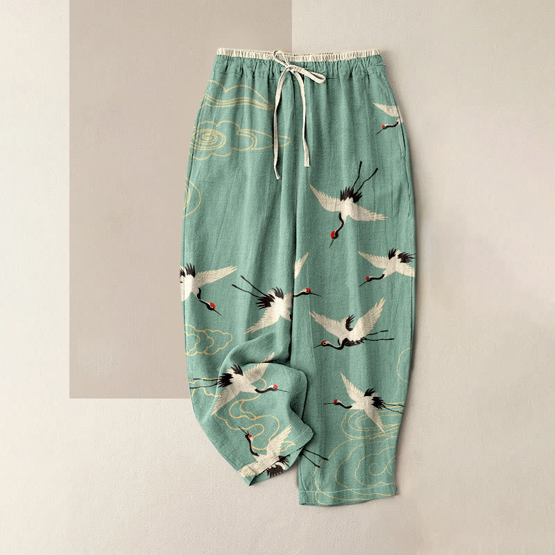 Buddha Stones Pantalones de mujer de algodón puro con estampado de grullas y nubes, cintura elástica y bolsillos. - Verde mar claro - US16，UK/AU20，EU48 (3XL) - image 0