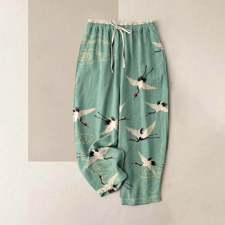 Buddha Stones Pantalones de mujer de algodón puro con estampado de grullas y nubes, cintura elástica y bolsillos. - Verde mar claro - US16，UK/AU20，EU48 (3XL) - image 0