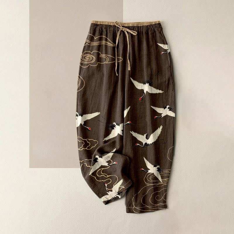 Buddha Stones Pantalones de mujer de algodón puro con estampado de grullas y nubes, cintura elástica y bolsillos. - Marrón silla de montar - US16，UK/AU20，EU48 (3XL) - image 4