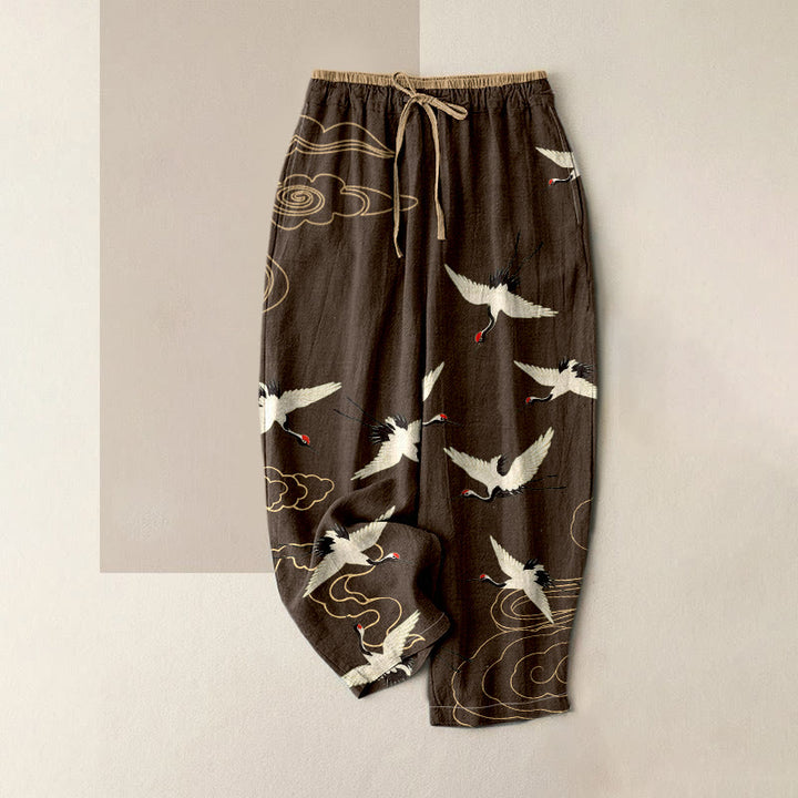 Buddha Stones Pantalones de mujer de algodón puro con estampado de grullas y nubes, cintura elástica y bolsillos. - Marrón silla de montar - US16，UK/AU20，EU48 (3XL) - image 4
