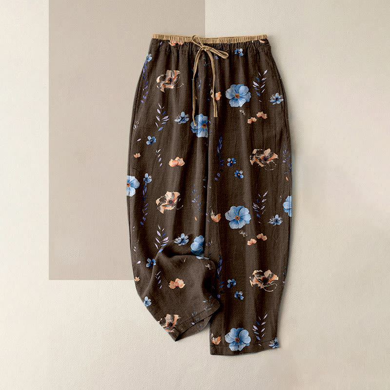 Buddha Stones Pantalones de mujer de algodón puro con estampado de flores silvestres y melocotón, cintura elástica y bolsillos. - Marrón silla de montar - US16，UK/AU20，EU48 (3XL) - image 4