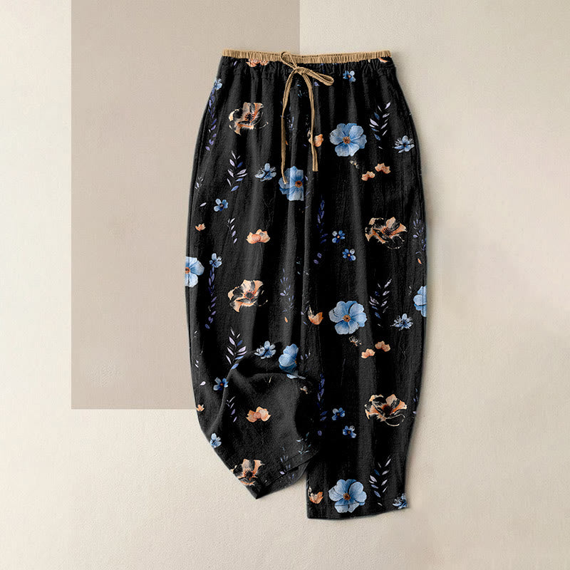Buddha Stones Pantalones de mujer de algodón puro con estampado de flores silvestres y melocotón, cintura elástica y bolsillos. - Negro - US16，UK/AU20，EU48 (3XL) - image 8
