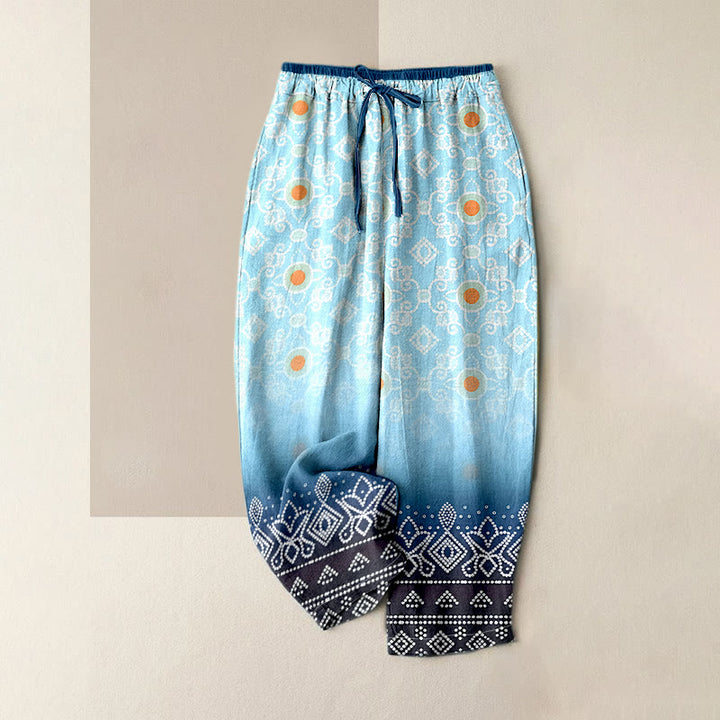 Buddha Stones Pantalones de mujer de algodón puro con estampado geométrico de rombos y puntos, cintura elástica y bolsillos. - Azul cielo claro - US16，UK/AU20，EU48 (3XL) - image 0