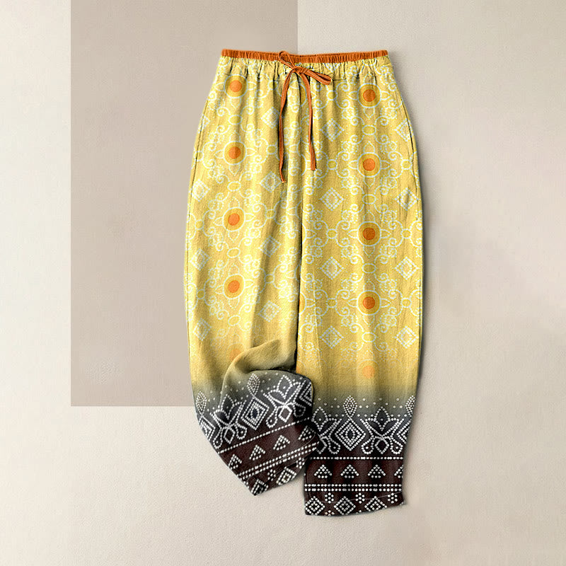 Buddha Stones Pantalones de mujer de algodón puro con estampado geométrico de rombos y puntos, cintura elástica y bolsillos. - Caqui - US16，UK/AU20，EU48 (3XL) - image 3