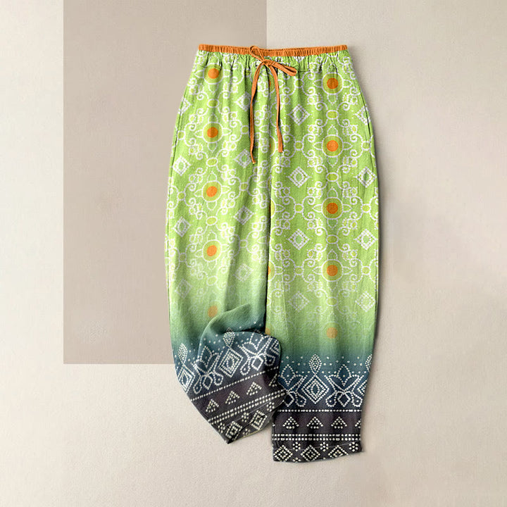 Buddha Stones Pantalones de mujer de algodón puro con estampado geométrico de rombos y puntos, cintura elástica y bolsillos. - Verde claro - US16，UK/AU20，EU48 (3XL) - image 6