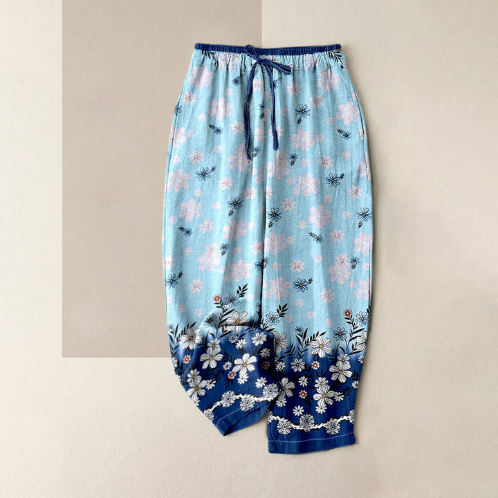 Buddha Stones Pantalones de mujer de algodón puro con estampado de margaritas, cintura elástica y bolsillos. - Celeste - US16，UK/AU20，EU48 (3XL) - image 0