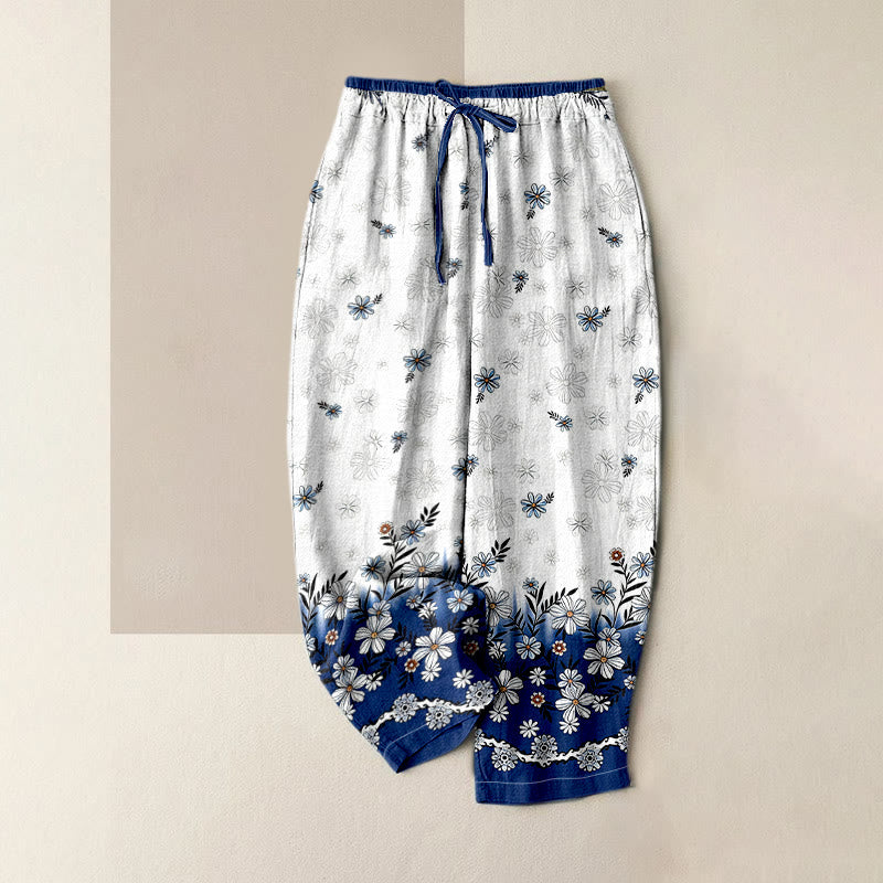 Buddha Stones Pantalones de mujer de algodón puro con estampado de margaritas, cintura elástica y bolsillos. - Humo blanco - US16，UK/AU20，EU48 (3XL) - image 6