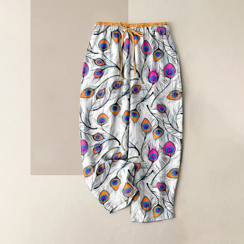 Buddha Stones Pantalones de mujer de algodón puro con estampado de corazón de pavo real, cintura elástica y bolsillos. - Naranja - US16，UK/AU20，EU48 (3XL) - image 0