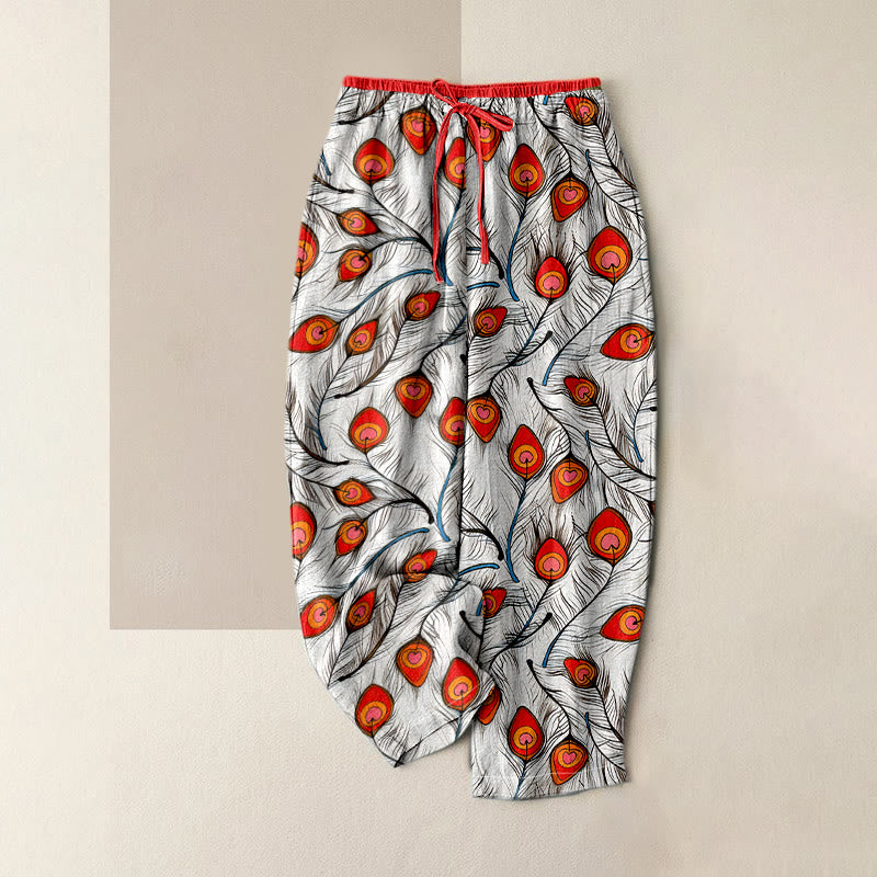 Buddha Stones Pantalones de mujer de algodón puro con estampado de corazón de pavo real, cintura elástica y bolsillos. - Rojo - US16，UK/AU20，EU48 (3XL) - image 3
