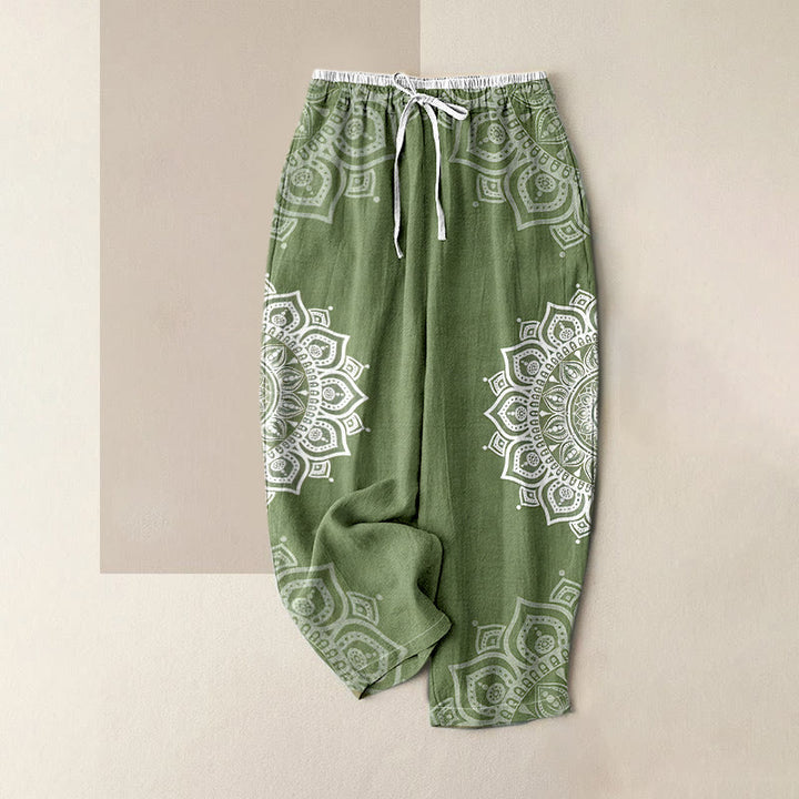 Buddha Stones Pantalones de mujer de algodón puro con estampado de mandala, cintura elástica y bolsillos. - Verde mar oscuro - US16，UK/AU20，EU48 (3XL) - image 6