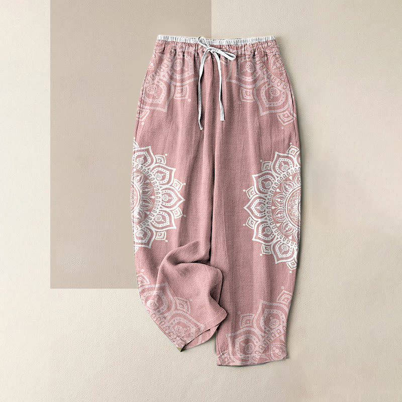 Buddha Stones Pantalones de mujer de algodón puro con estampado de mandala, cintura elástica y bolsillos. - rosa claro - US16，UK/AU20，EU48 (3XL) - image 0