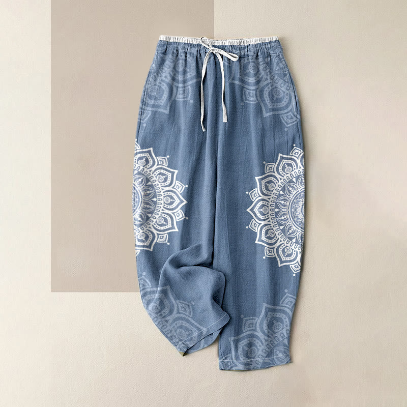 Buddha Stones Pantalones de mujer de algodón puro con estampado de mandala, cintura elástica y bolsillos. - Azul aciano - US16，UK/AU20，EU48 (3XL) - image 3