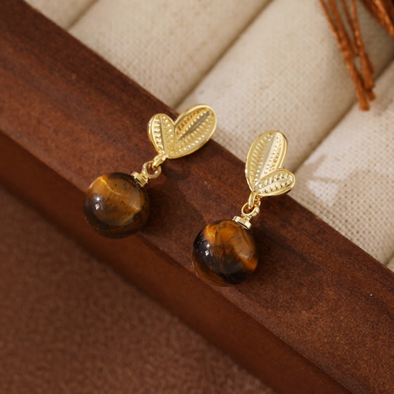 Buddha Stones Pendientes de protección de cobre con diseño de hojas de ojo de tigre - Ojo de tigre de 8 mm (postes de cobre) - image 0