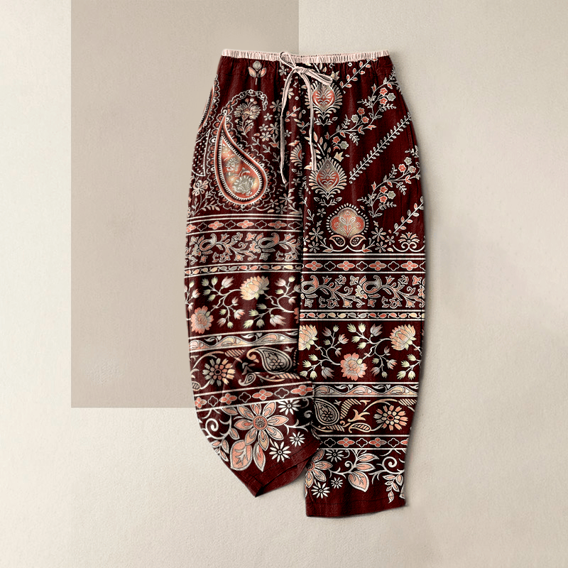 Buddha Stones Pantalones de mujer de algodón puro con estampado paisley de loto, cintura elástica y bolsillos. - Rojo oscuro - US16，UK/AU20，EU48 (3XL) - image 4