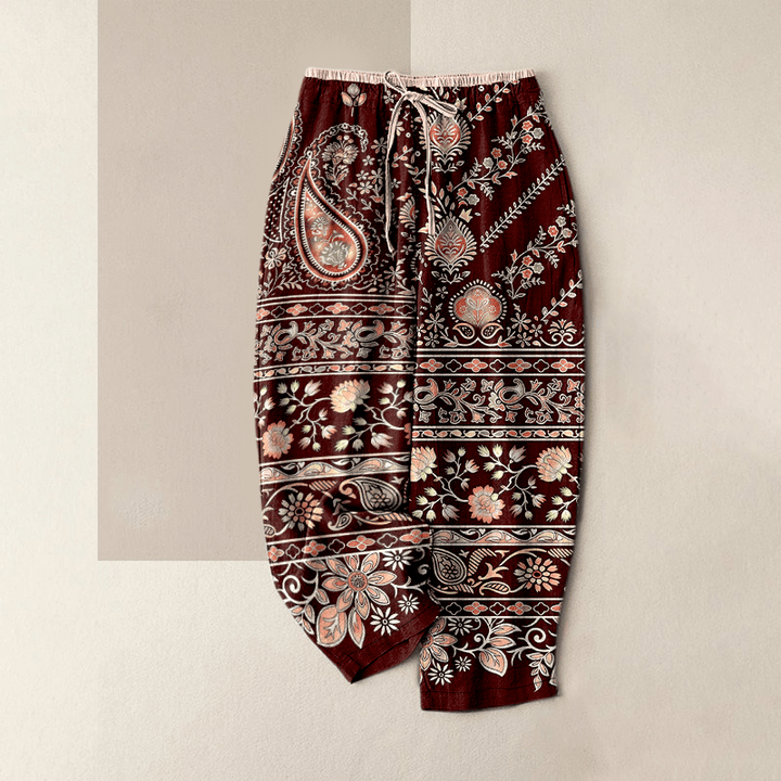 Buddha Stones Pantalones de mujer de algodón puro con estampado paisley de loto, cintura elástica y bolsillos. - Rojo oscuro - US16，UK/AU20，EU48 (3XL) - image 4