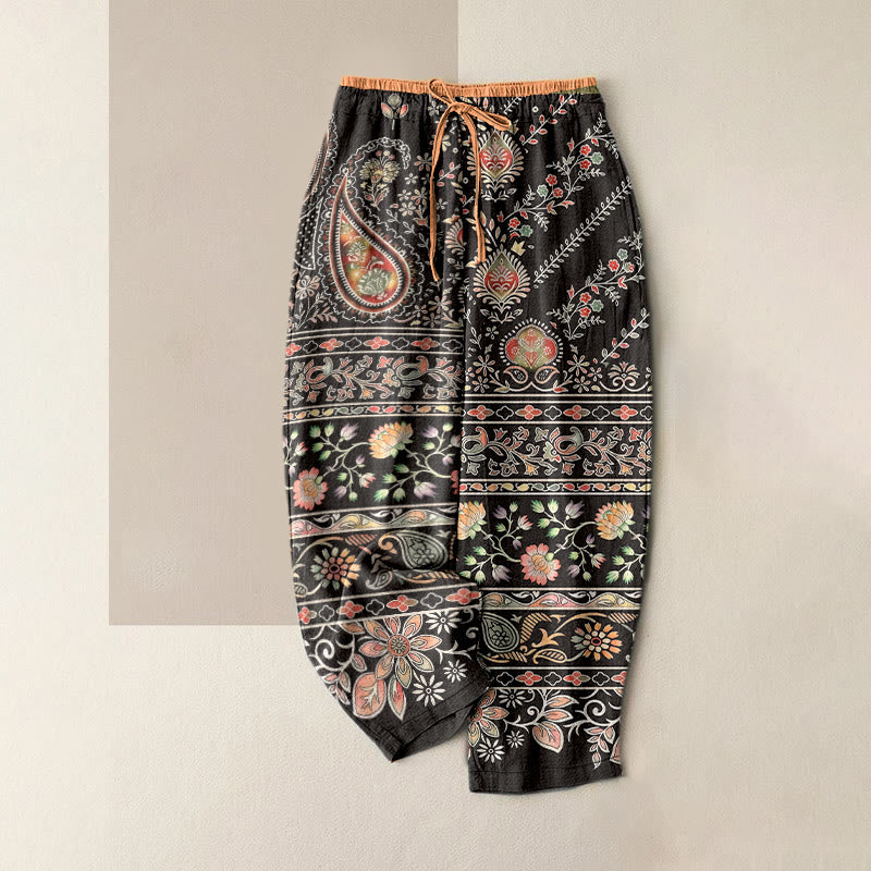 Buddha Stones Pantalones de mujer de algodón puro con estampado paisley de loto, cintura elástica y bolsillos. - Marrón silla de montar - US16，UK/AU20，EU48 (3XL) - image 8