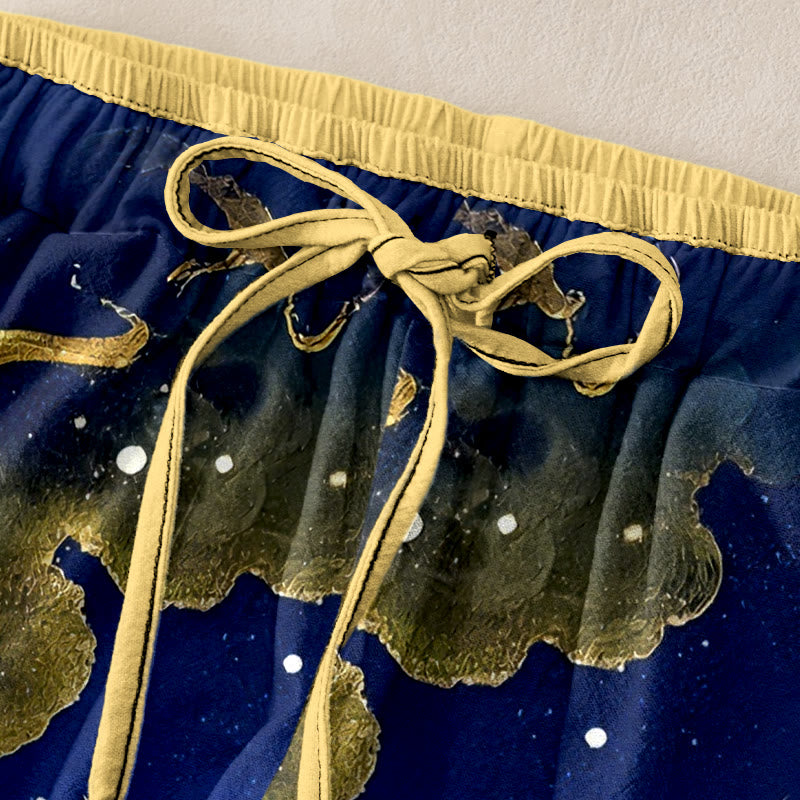 Buddha Stones Pantalones de mujer de algodón puro con estampado de grullas, nubes y montañas, cintura elástica y bolsillos. - image 1