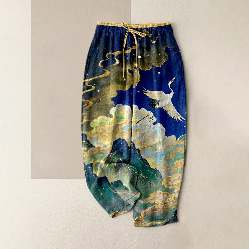 Buddha Stones Pantalones de mujer de algodón puro con estampado de grullas, nubes y montañas, cintura elástica y bolsillos. - Azul oscuro - US16，UK/AU20，EU48 (3XL) - image 0