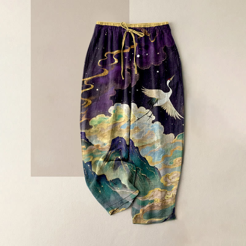 Buddha Stones Pantalones de mujer de algodón puro con estampado de grullas, nubes y montañas, cintura elástica y bolsillos. - Índigo - US16，UK/AU20，EU48 (3XL) - image 4