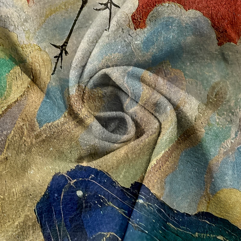 Buddha Stones Pantalones de mujer de algodón puro con estampado de grullas, nubes y montañas, cintura elástica y bolsillos. - image 11