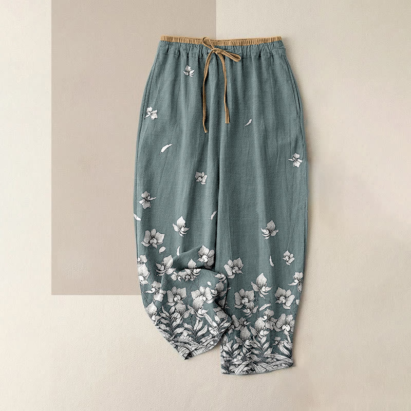Buddha Stones Pantalones de mujer de algodón puro con estampado de pétalos de flores, cintura elástica y bolsillos. - Verde mar claro - US16，UK/AU20，EU48 (3XL) - image 0