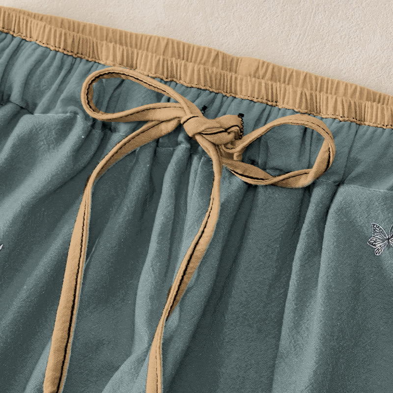 Buddha Stones Pantalones de mujer de algodón puro con estampado de pétalos de flores, cintura elástica y bolsillos. - image 1