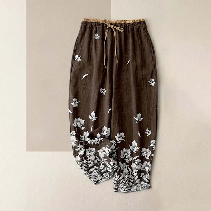 Buddha Stones Pantalones de mujer de algodón puro con estampado de pétalos de flores, cintura elástica y bolsillos. - Marrón silla de montar - US16，UK/AU20，EU48 (3XL) - image 4