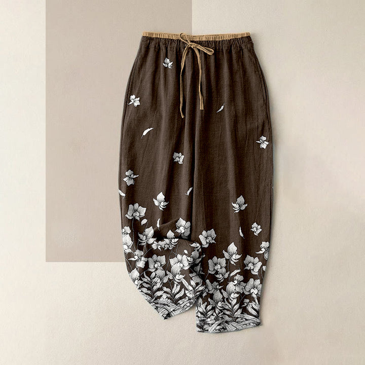 Buddha Stones Pantalones de mujer de algodón puro con estampado de pétalos de flores, cintura elástica y bolsillos. - Marrón silla de montar - US16，UK/AU20，EU48 (3XL) - image 4