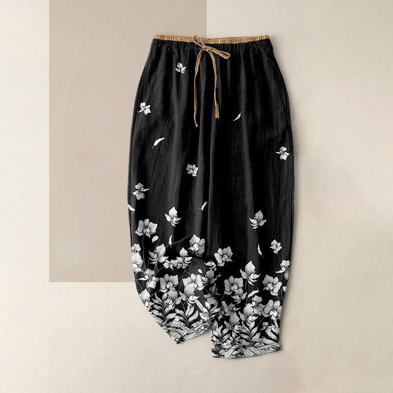 Buddha Stones Pantalones de mujer de algodón puro con estampado de pétalos de flores, cintura elástica y bolsillos. - Negro - US16，UK/AU20，EU48 (3XL) - image 8