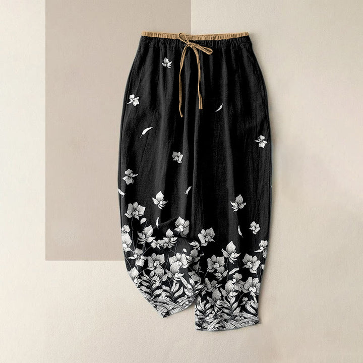 Buddha Stones Pantalones de mujer de algodón puro con estampado de pétalos de flores, cintura elástica y bolsillos. - Negro - US16，UK/AU20，EU48 (3XL) - image 8