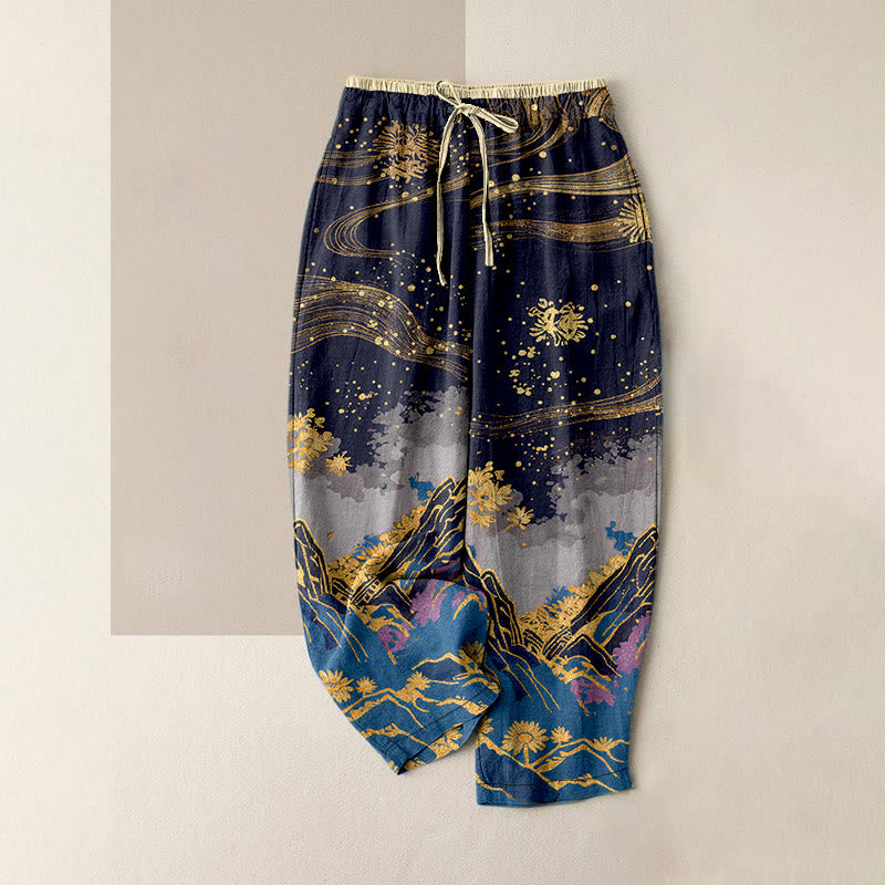 Buddha Stones Pantalones de mujer de algodón puro con estampado de pétalos de flores, cintura elástica y bolsillos. - Azul medianoche - US16，UK/AU20，EU48 (3XL) - image 4