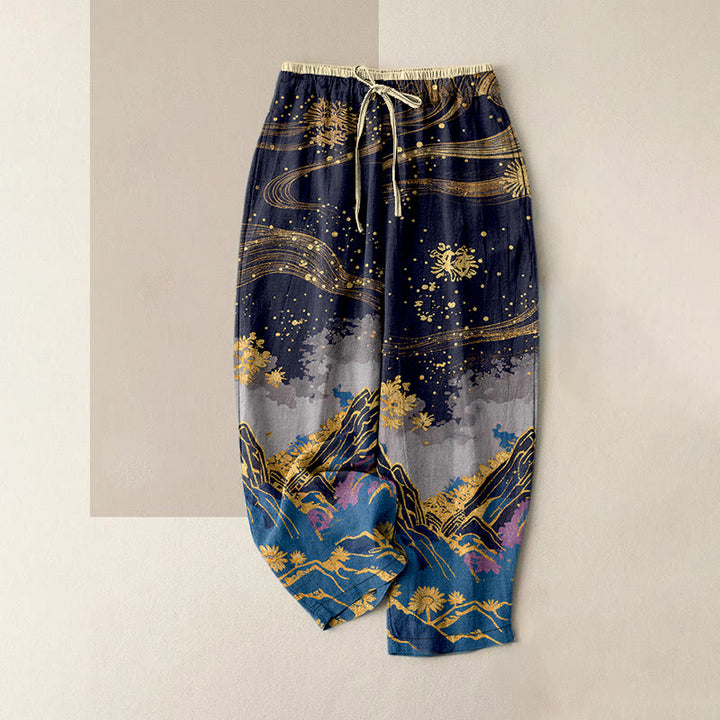 Buddha Stones Pantalones de mujer de algodón puro con estampado de pétalos de flores, cintura elástica y bolsillos. - Azul medianoche - US16，UK/AU20，EU48 (3XL) - image 4