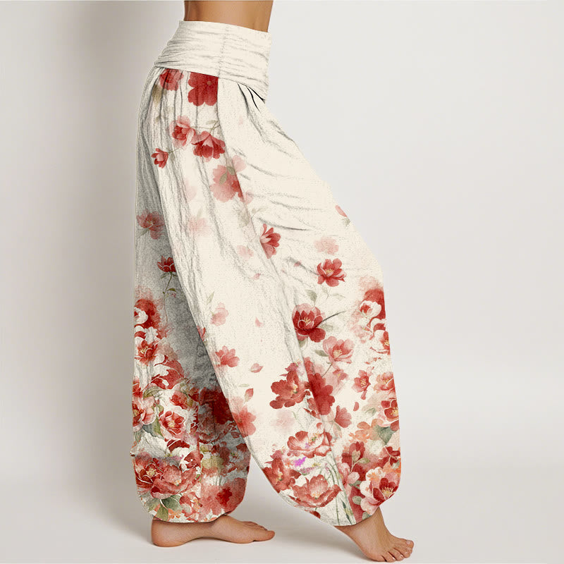 Buddha Stones Pantalones harem de algodón con estampado de flores de camelia y peonía para mujer con cintura elástica. - image 2