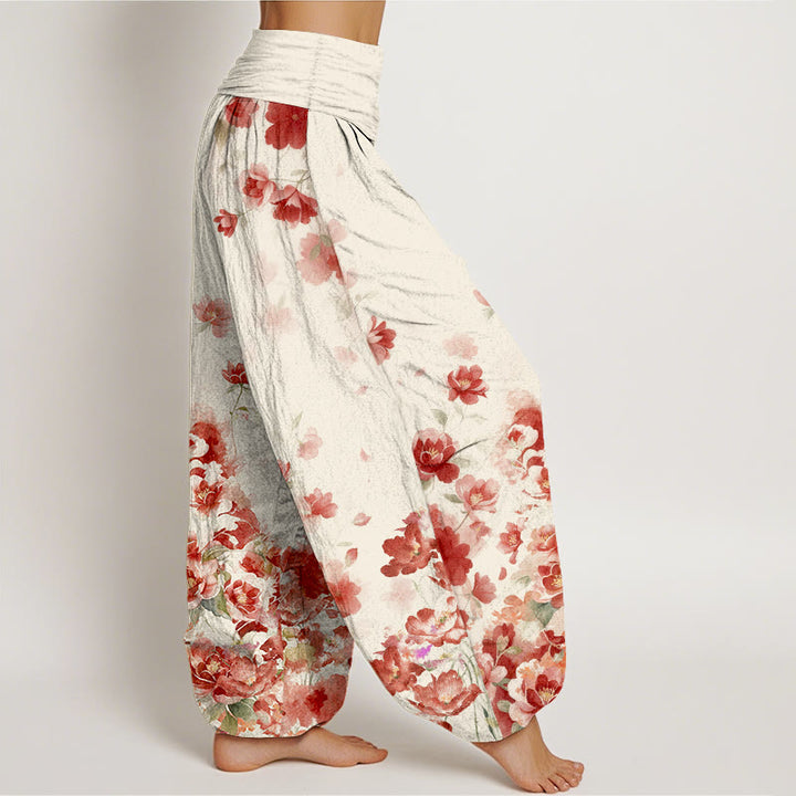 Buddha Stones Pantalones harem de algodón con estampado de flores de camelia y peonía para mujer con cintura elástica. - image 2