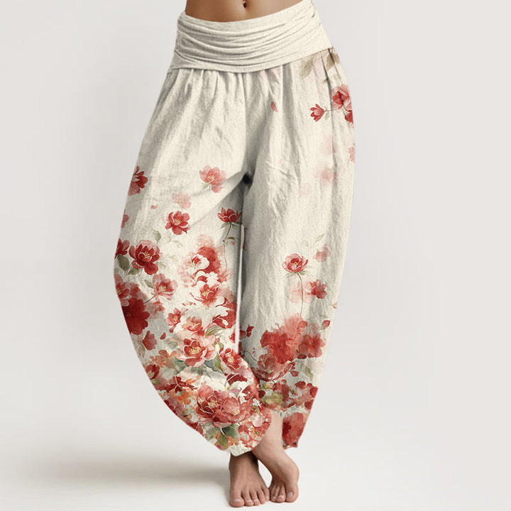 Buddha Stones Pantalones harem de algodón con estampado de flores de camelia y peonía para mujer con cintura elástica. - Blanco floral - US16，UK/AU20，EU48 (3XL) - image 0