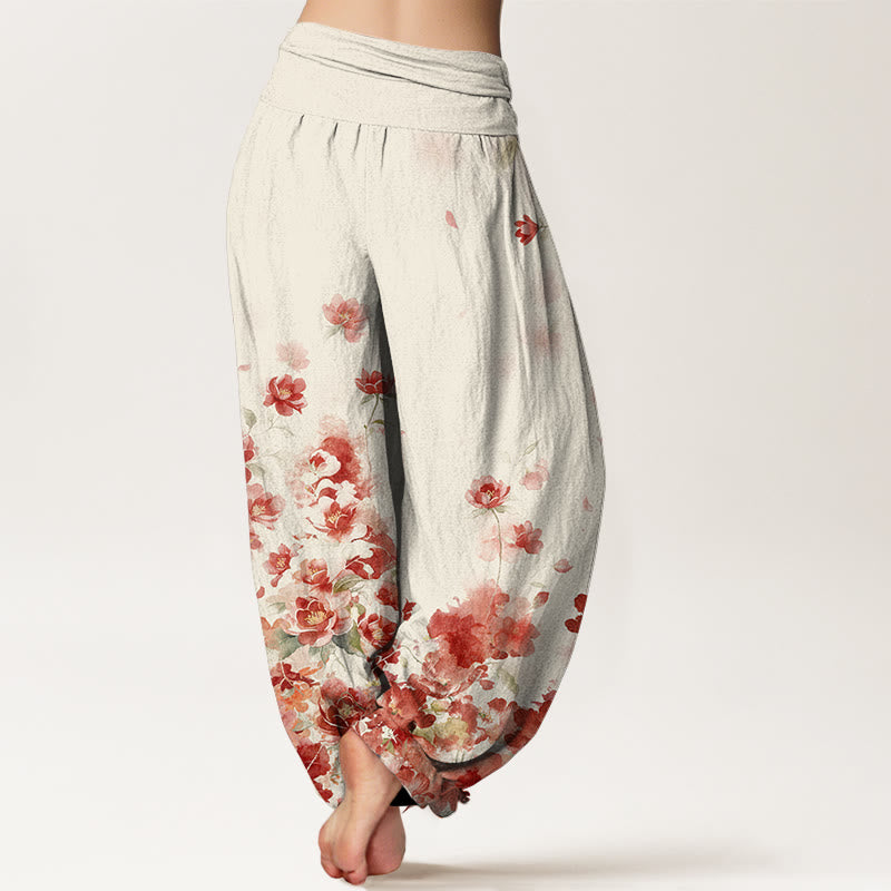 Buddha Stones Pantalones harem de algodón con estampado de flores de camelia y peonía para mujer con cintura elástica. - image 1