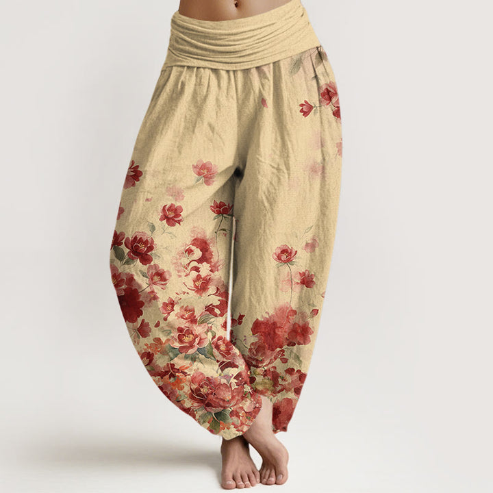 Buddha Stones Pantalones harem de algodón con estampado de flores de camelia y peonía para mujer con cintura elástica. - Limón Chiffon - US16，UK/AU20，EU48 (3XL) - image 5