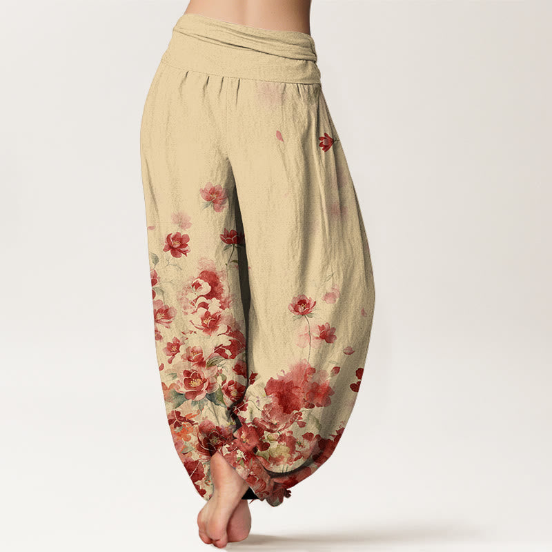 Buddha Stones Pantalones harem de algodón con estampado de flores de camelia y peonía para mujer con cintura elástica. - image 6