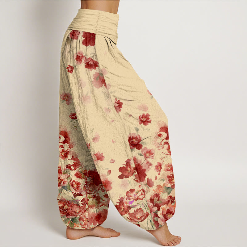Buddha Stones Pantalones harem de algodón con estampado de flores de camelia y peonía para mujer con cintura elástica. - image 7