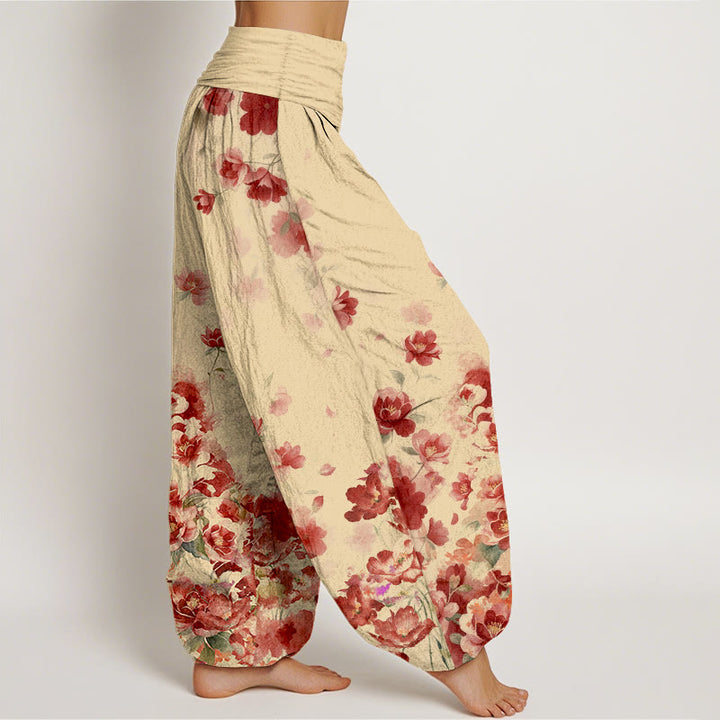 Buddha Stones Pantalones harem de algodón con estampado de flores de camelia y peonía para mujer con cintura elástica. - image 7