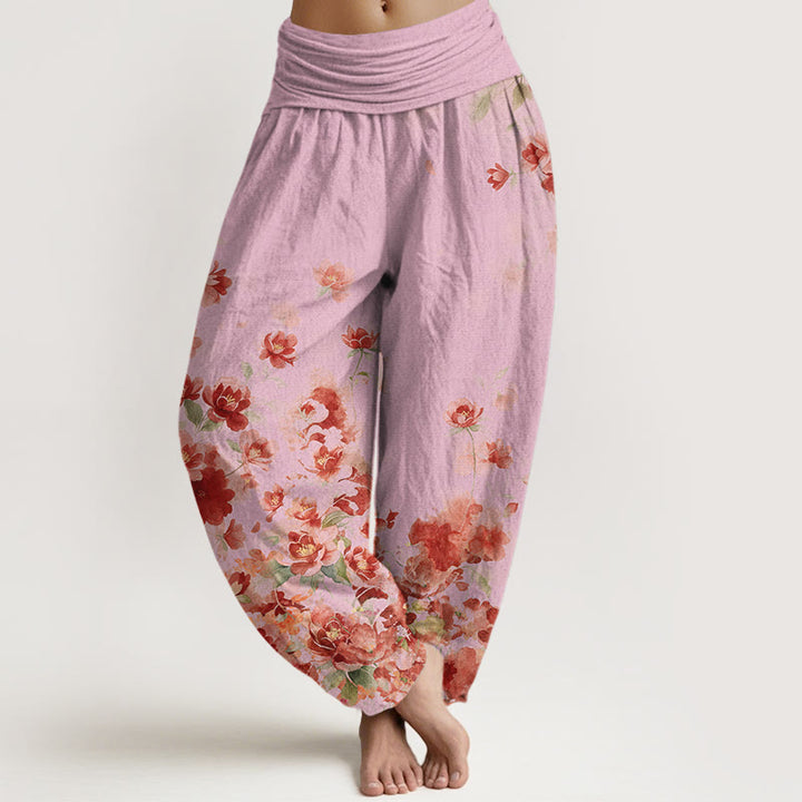 Buddha Stones Pantalones harem de algodón con estampado de flores de camelia y peonía para mujer con cintura elástica. - rosa claro - US16，UK/AU20，EU48 (3XL) - image 8