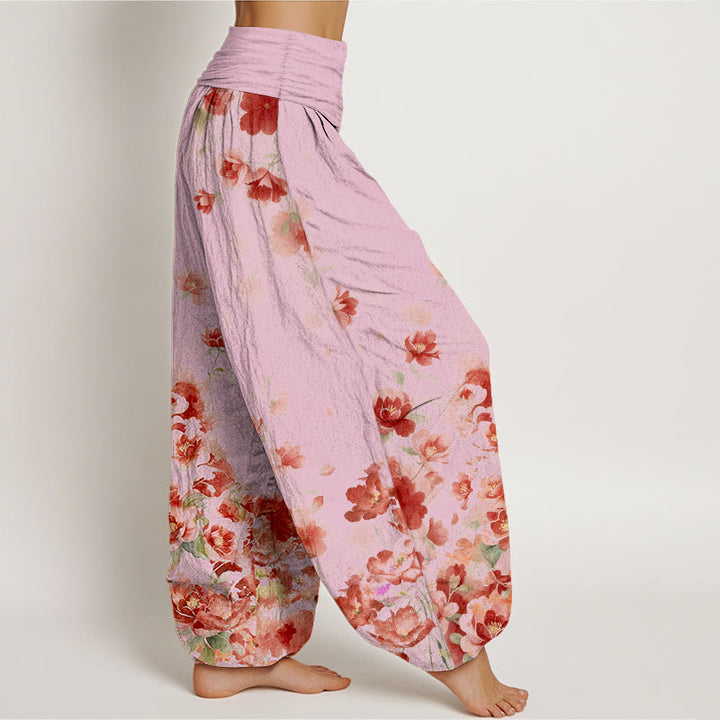 Buddha Stones Pantalones harem de algodón con estampado de flores de camelia y peonía para mujer con cintura elástica. - image 10