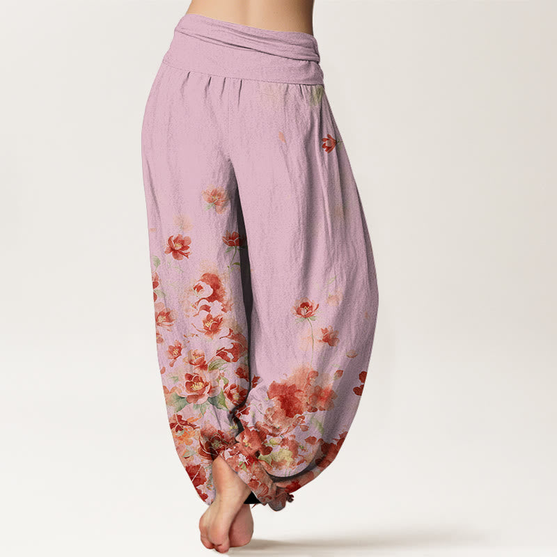 Buddha Stones Pantalones harem de algodón con estampado de flores de camelia y peonía para mujer con cintura elástica. - image 9
