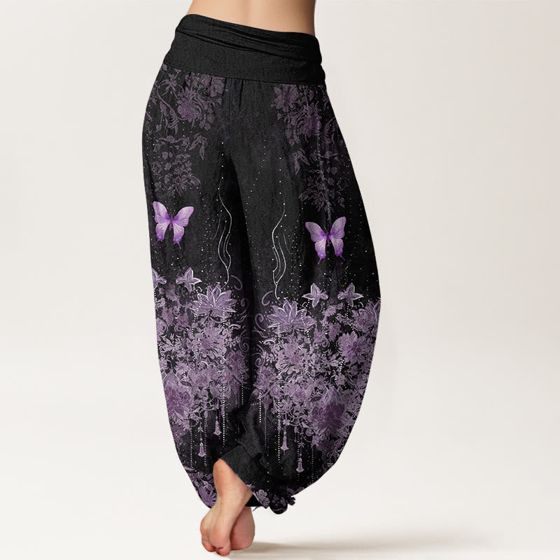 Buddha Stones Pantalones harem de algodón con estampado floral de mariposas para mujer con cintura elástica. - image 1