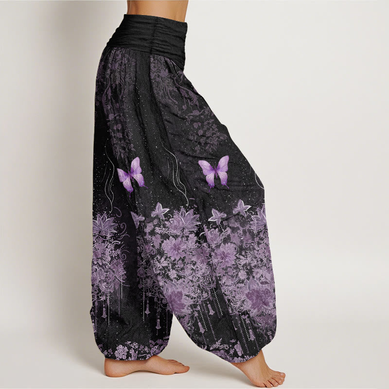 Buddha Stones Pantalones harem de algodón con estampado floral de mariposas para mujer con cintura elástica. - image 2