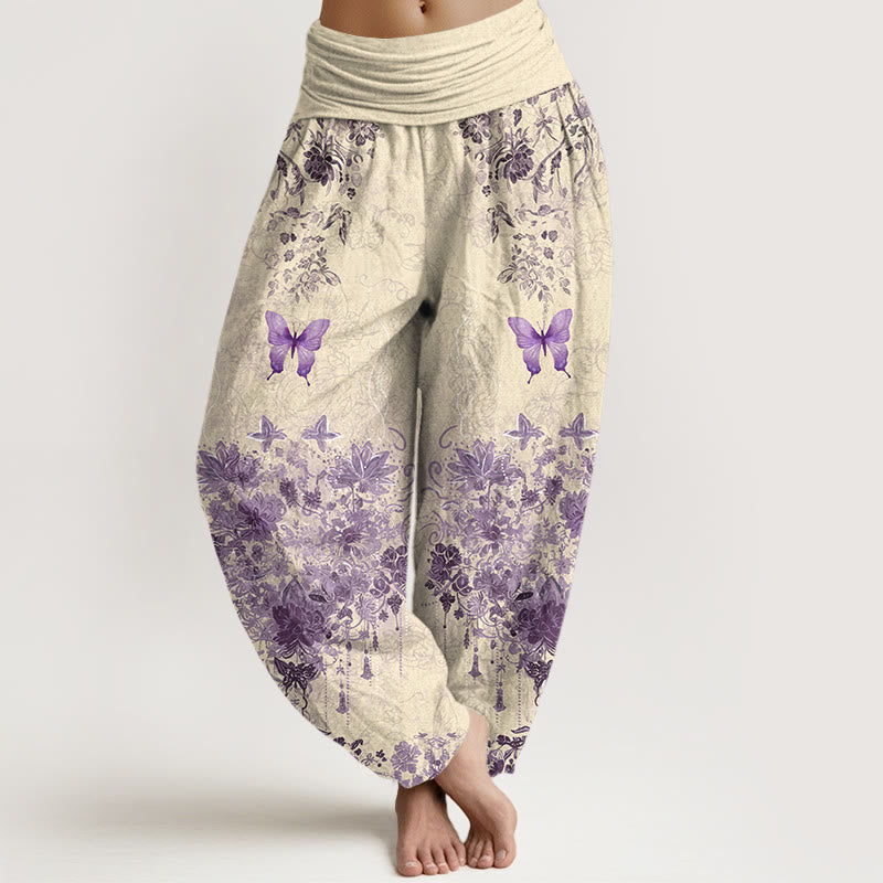 Buddha Stones Pantalones harem de algodón con estampado floral de mariposas para mujer con cintura elástica. - Beige - US16，UK/AU20，EU48 (3XL) - image 5