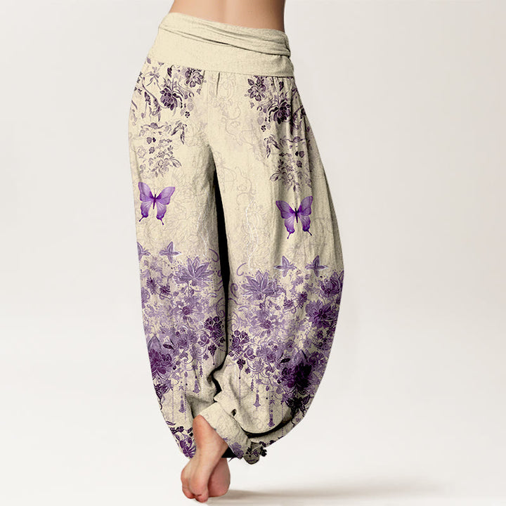 Buddha Stones Pantalones harem de algodón con estampado floral de mariposas para mujer con cintura elástica. - image 6