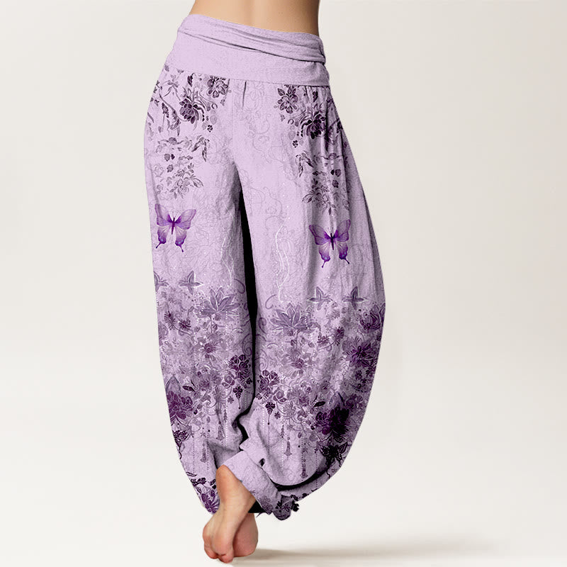 Buddha Stones Pantalones harem de algodón con estampado floral de mariposas para mujer con cintura elástica. - image 9